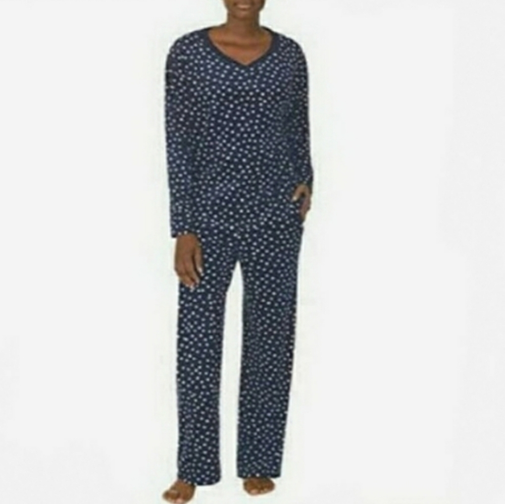 NWOT Nautica Silky Fleece Pajamas Ladies sz L Navy Pink Polkadots Pockets V-Neck